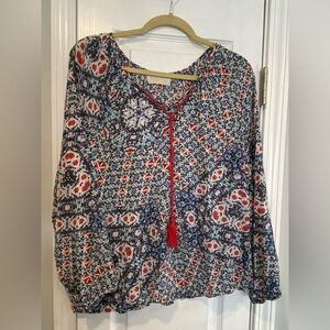 Love Sam Anthropologie Blue Geometric Print Soft Tasseled Peasant Top Size S